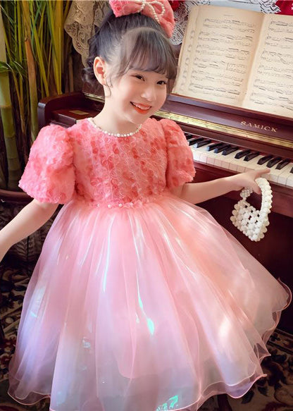 Stylish Pink O-neck Nail Bead Patchwork Tulle Baby Dresses Summer