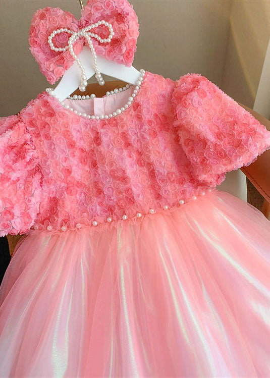 Stylish Pink O-neck Nail Bead Patchwork Tulle Baby Dresses Summer