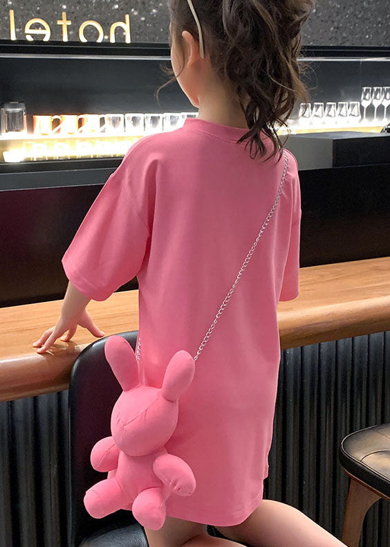 Stylish Pink O Neck Patchwork Cotton Kids T Shirt Dresses Summer