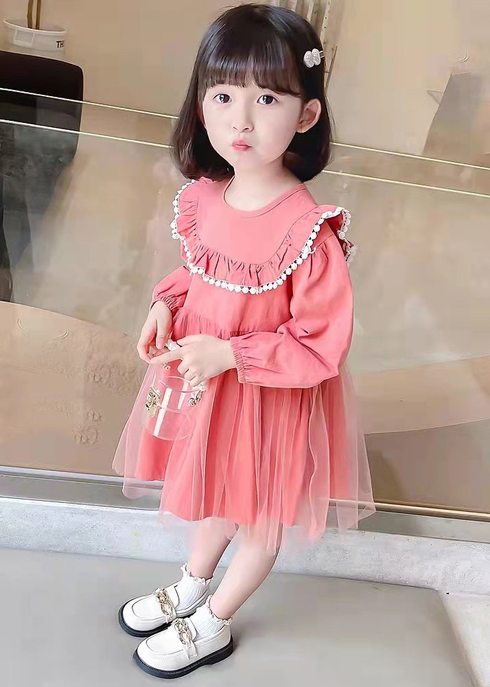 Stylish Pink O Neck Wrinkled Patchwork Cotton Kids Dresses Fall