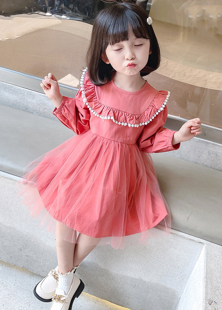Stylish Pink O Neck Wrinkled Patchwork Cotton Kids Dresses Fall