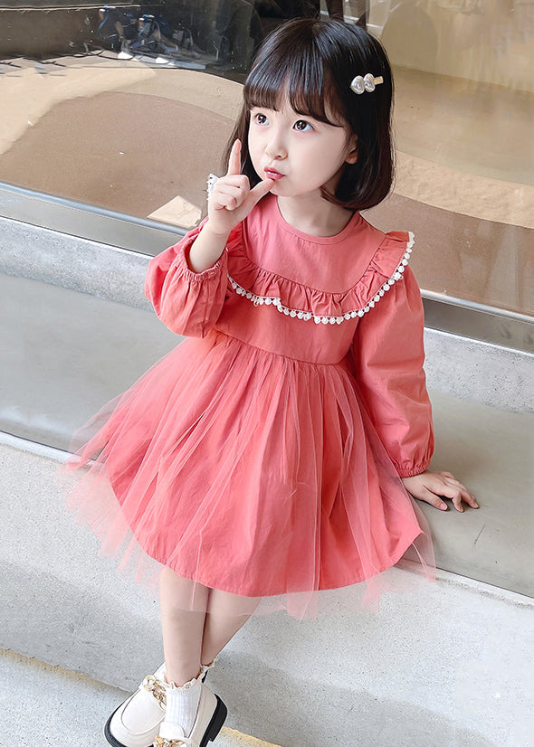Stylish Pink O Neck Wrinkled Patchwork Cotton Kids Dresses Fall