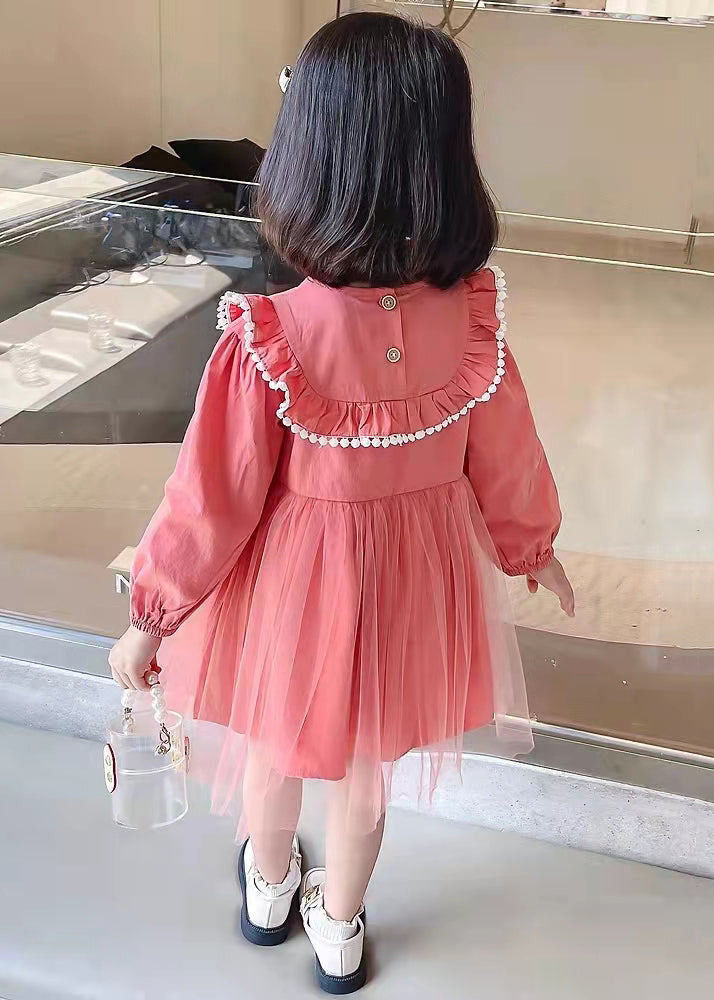 Stylish Pink O Neck Wrinkled Patchwork Cotton Kids Dresses Fall