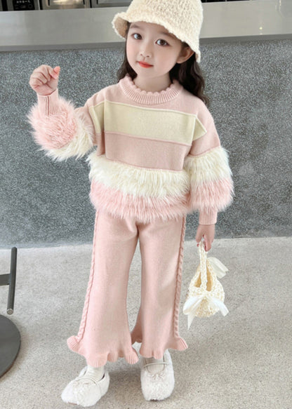 Stylish Pink Patchwork Cotton Knit Kids Sweaters and Pants Two Piece Set Spring