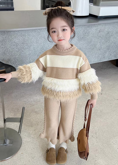 Stylish Pink Patchwork Cotton Knit Kids Sweaters and Pants Two Piece Set Spring