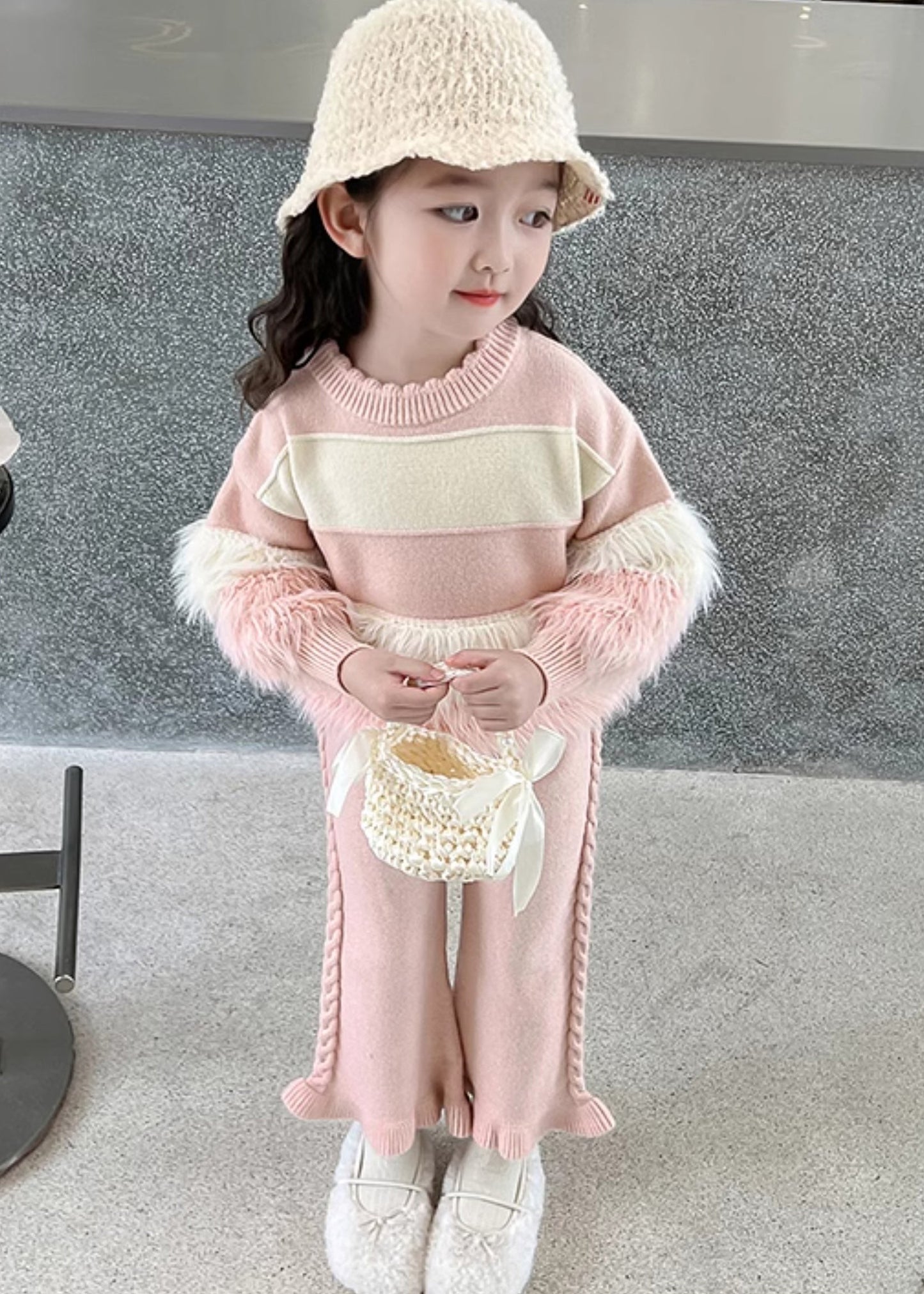 Stylish Pink Patchwork Cotton Knit Kids Sweaters and Pants Two Piece Set Spring