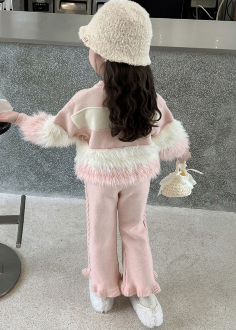 Stylish Pink Patchwork Cotton Knit Kids Sweaters and Pants Two Piece Set Spring