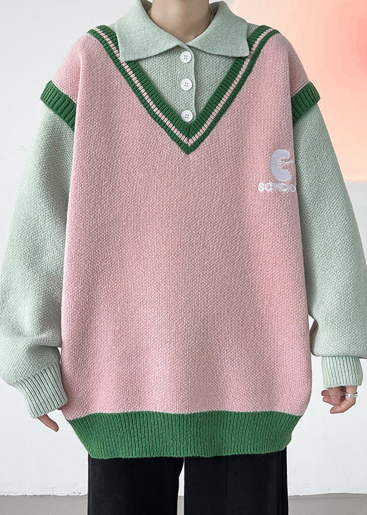 Stylish Pink Peter Pan Collar Button Patchwork Knit Sweaters Spring