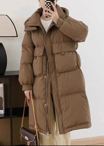 Stylish Pink Pockets Drawstring Duck Down Puffer Hooded Parkaer Winter