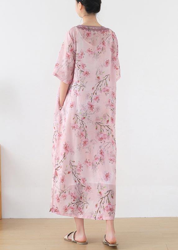 Stylish Pink Print Oriental Summer Linen Dress