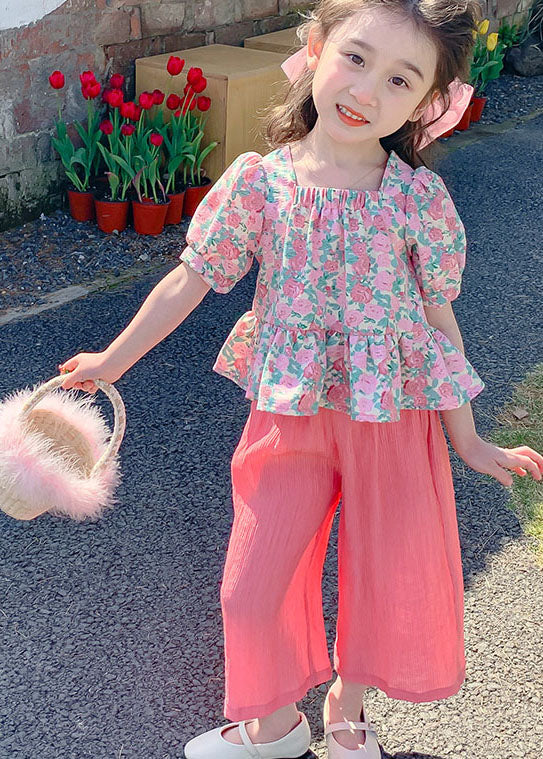 Stylish Pink Print Tops and Pants Cotton Baby Two Pieces Set Summer