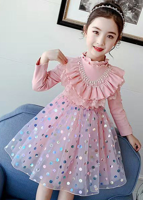 Stylish Pink Ruffled Dot Patchwork Cotton Baby Dresses Fall