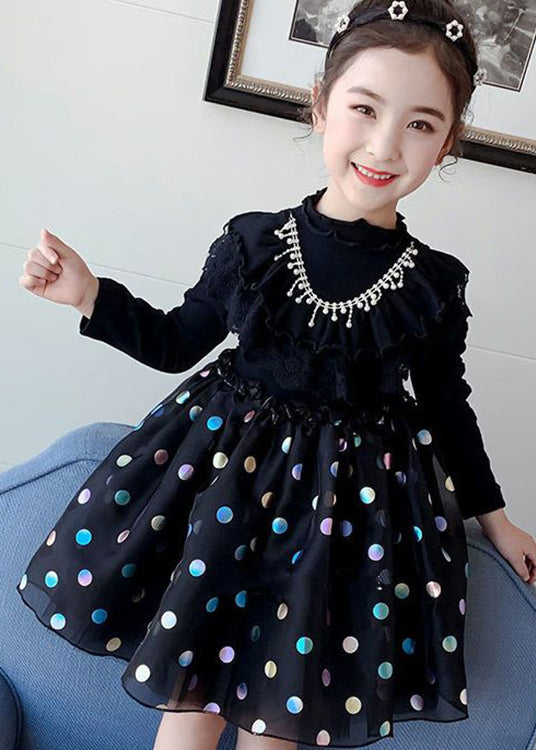 Stylish Pink Ruffled Dot Patchwork Cotton Baby Dresses Fall