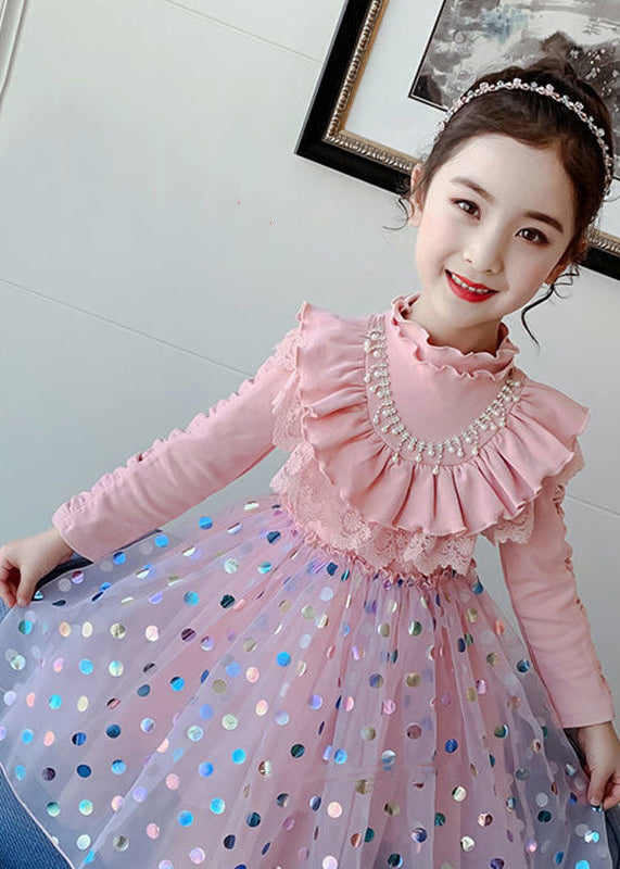 Stylish Pink Ruffled Dot Patchwork Cotton Baby Dresses Fall