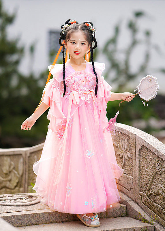 Stylish Pink Ruffled Patchwork Snow Embroideried Tulle Layered Maxi Dresses Summer