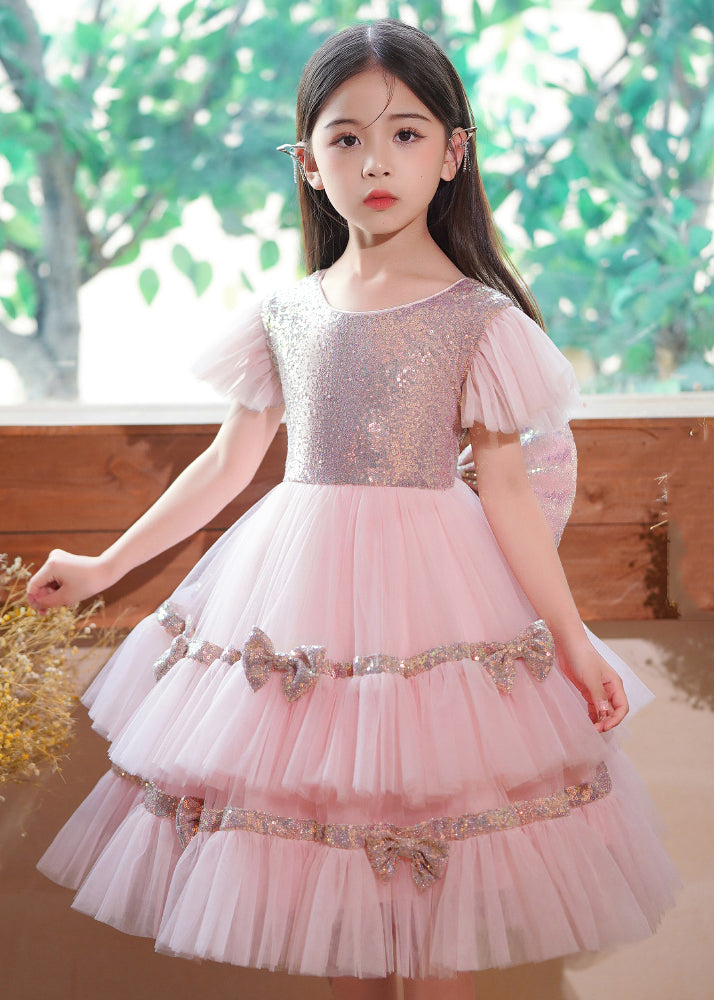 Stylish Pink Sequins Patchwork Bow Exra Large Hem Tulle Baby Maxi Dresses Summer