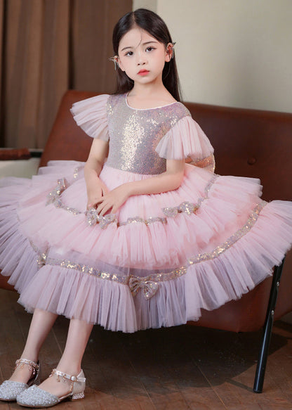 Stylish Pink Sequins Patchwork Bow Exra Large Hem Tulle Baby Maxi Dresses Summer
