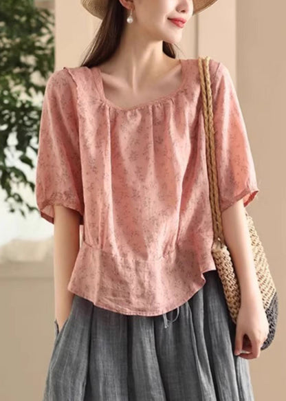 Stylish Pink Square Collar Print Wear on Both Sides Linen Blouses Summer