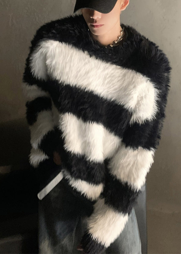 Stylish Pink Striped Patchwork Mink Velvet Sweaters Winter