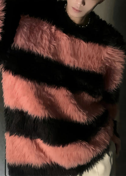 Stylish Pink Striped Patchwork Mink Velvet Sweaters Winter