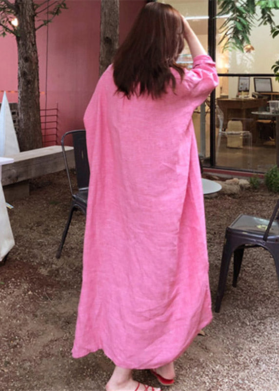 Stylish Pink V Neck Button Side Open Low High Design Linen Dress Long Sleeve