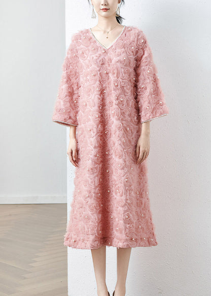 Stylish Pink V Neck Nail Bead Patchwork Tulle Dresses Fall