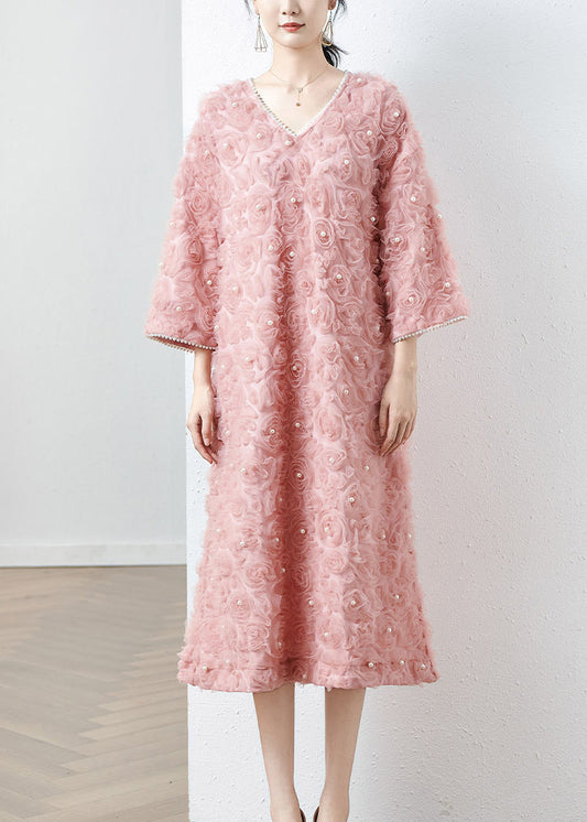 Stylish Pink V Neck Nail Bead Patchwork Tulle Dresses Fall