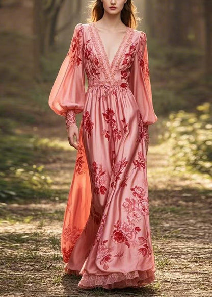 Stylish Pink V Neck Print Silk Dresses Lantern Sleeve