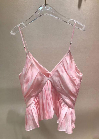 Stylish Pink V Neck Wrinkled Spaghetti Strap Tank Sleeveless