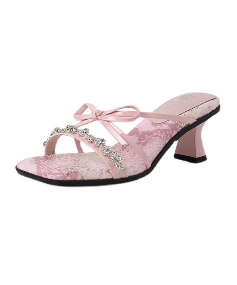 Stylish Pink Zircon Bow Splicing Chunky Heels Slide Sandals