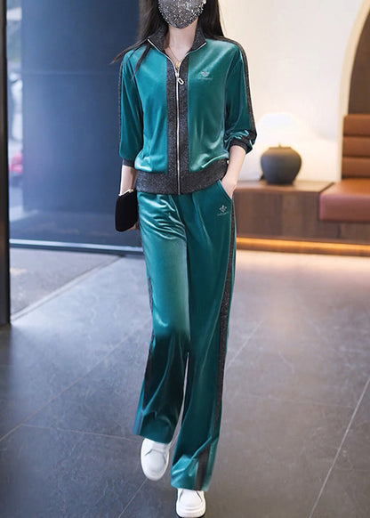 Stylish Pitaya Color Zippered Patchwork Silk Velour Coats and Straight Pants Two Piece Set Fall