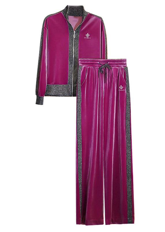 Stylish Pitaya Color Zippered Patchwork Silk Velour Coats and Straight Pants Two Piece Set Fall