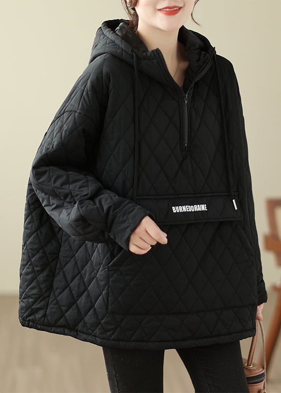 Stylish Black Pockets Fine Cotton Filled Hooded Pullover Spring