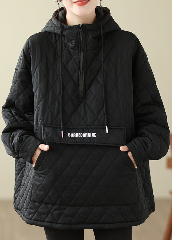 Stylish Black Pockets Fine Cotton Filled Hooded Pullover Spring