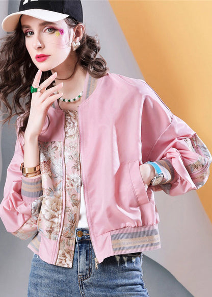 Stylish Pink Pockets Print Patchwork Jackets Fall