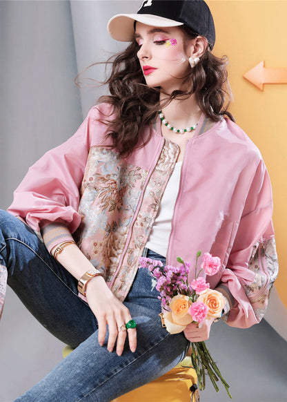 Stylish Pink Pockets Print Patchwork Jackets Fall