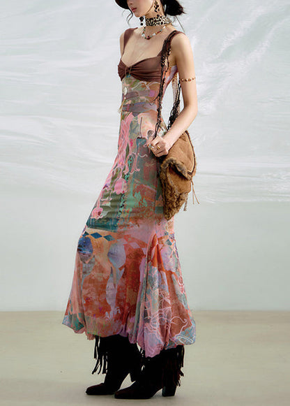 Stylish Print High Waist Patchwork Cotton Spaghetti Strap Dress Sleeveless