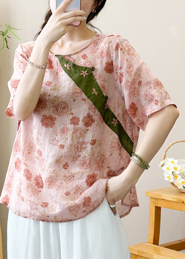 Stylish Print O-neck Ramie T Shirt Short Sleeve