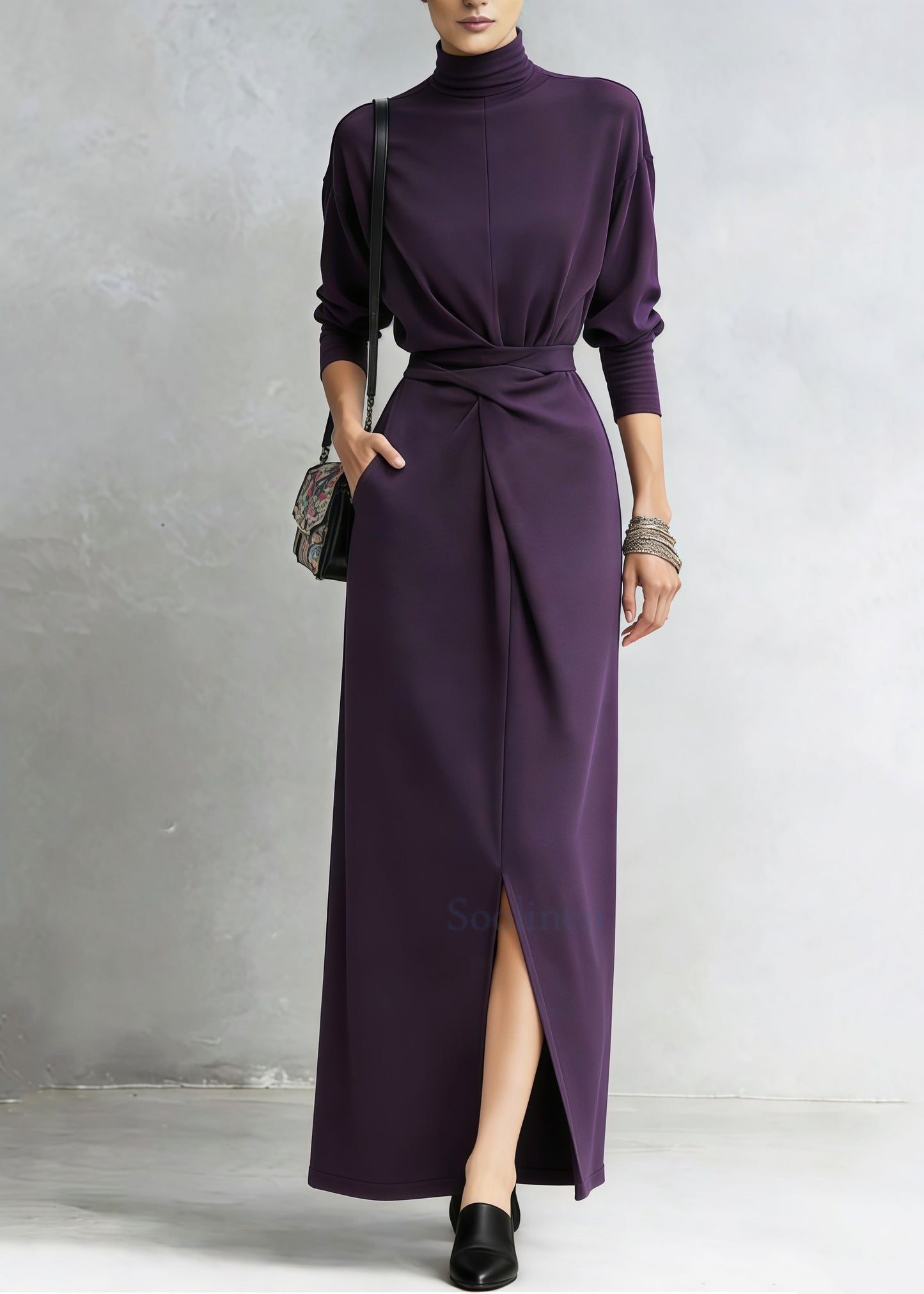 Stylish Purple Cinched Side Open Cotton Long Dresses Spring