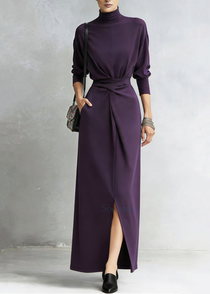 Stylish Purple Cinched Side Open Cotton Long Dresses Spring