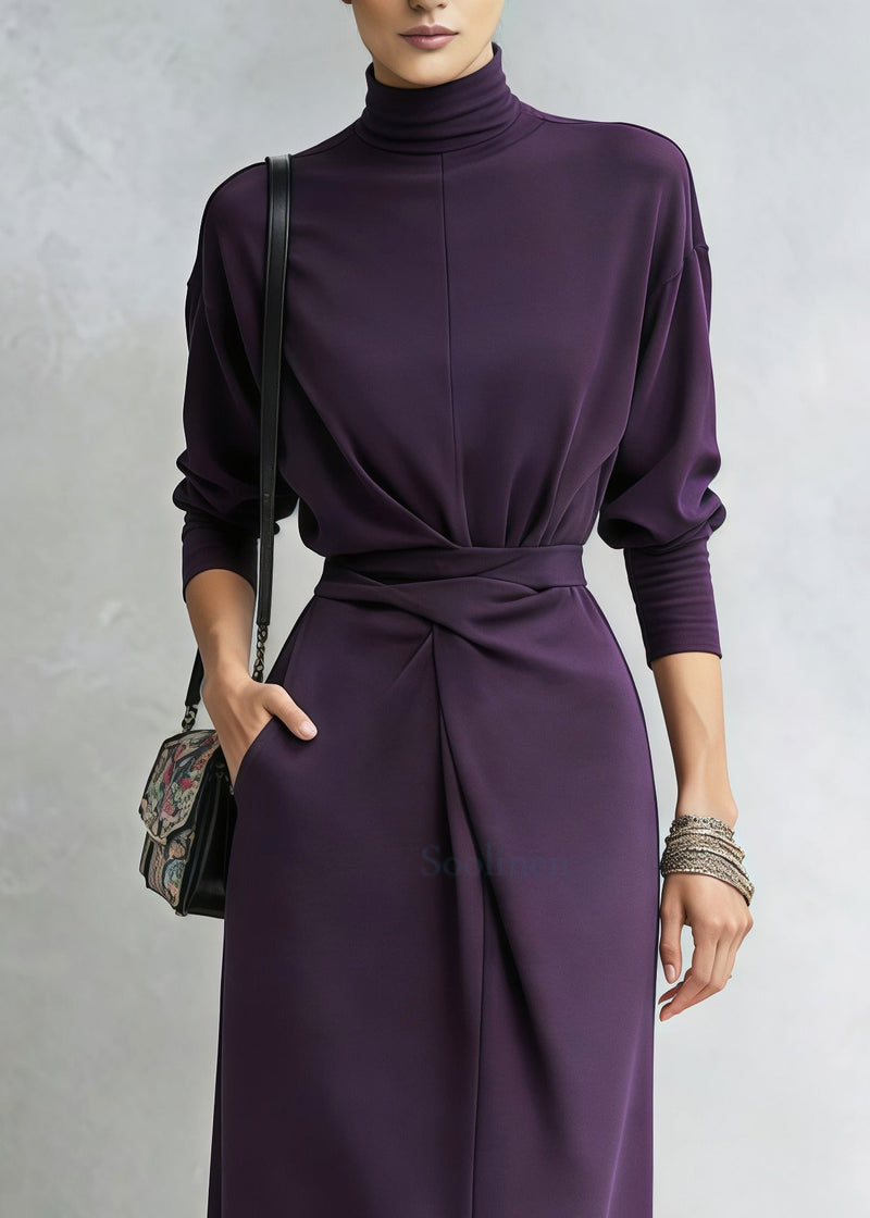 Stylish Purple Cinched Side Open Cotton Long Dresses Spring