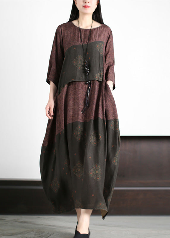 Stylish Purple Coffee O-neck Asymmetrical Print Blending Long Dress Short Sleeve