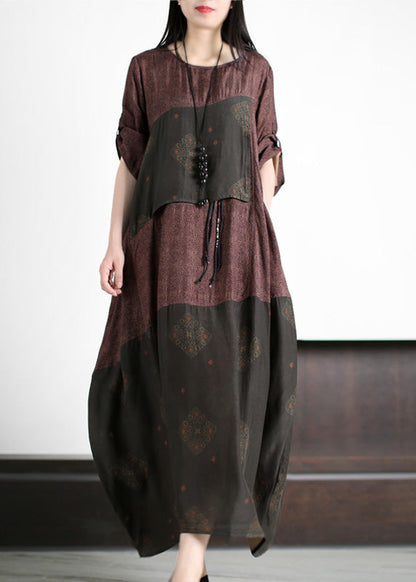 Stylish Purple Coffee O-neck Asymmetrical Print Blending Long Dress Short Sleeve