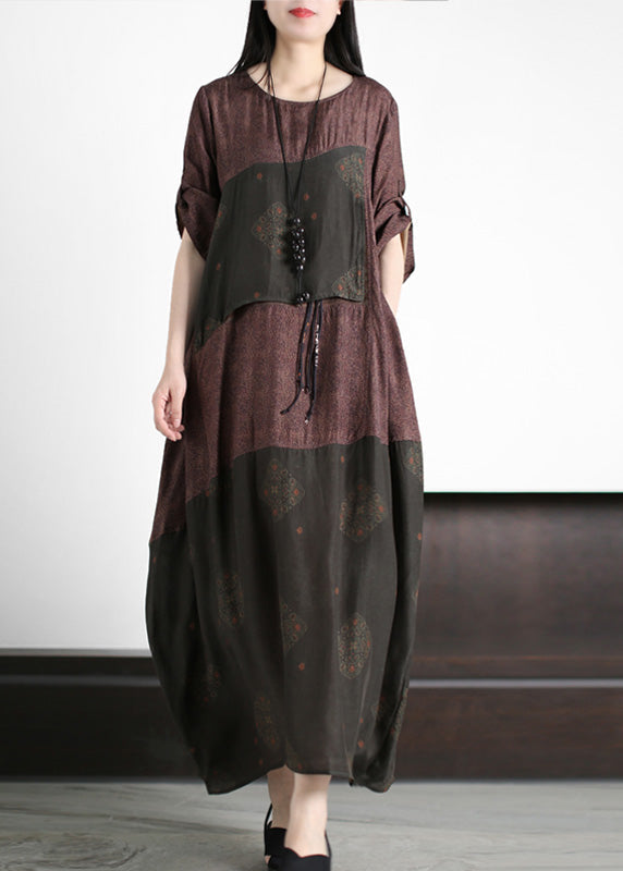 Stylish Purple Coffee O-neck Asymmetrical Print Blending Long Dress Short Sleeve