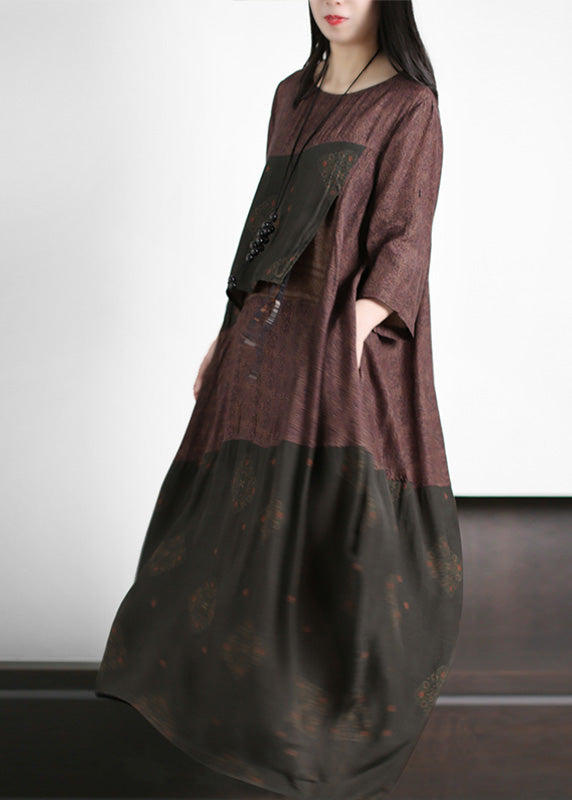 Stylish Purple Coffee O-neck Asymmetrical Print Blending Long Dress Short Sleeve