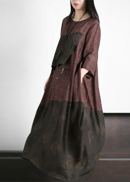 Stylish Purple Coffee O-neck Asymmetrical Print Blending Long Dress Short Sleeve