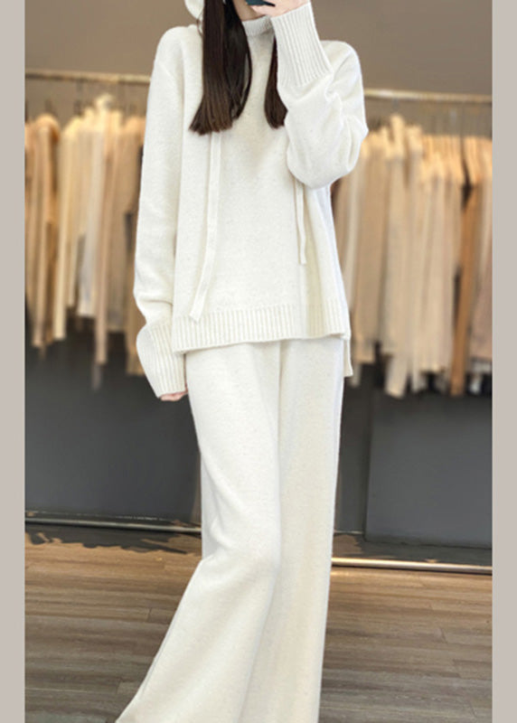 Stylish Purple Drawstring Hooded Cotton Knit Sweaters and Wide Leg Pants Two Piece Set Spring