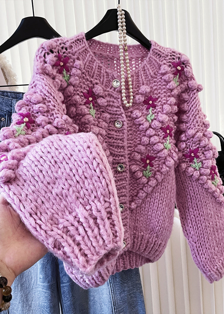 Stylish Purple Embroidered Warm Knit Cardigan Winter