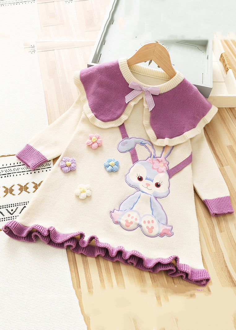 Stylish Purple O Neck Patchwork Knit Kids Sweater Dresses Fall