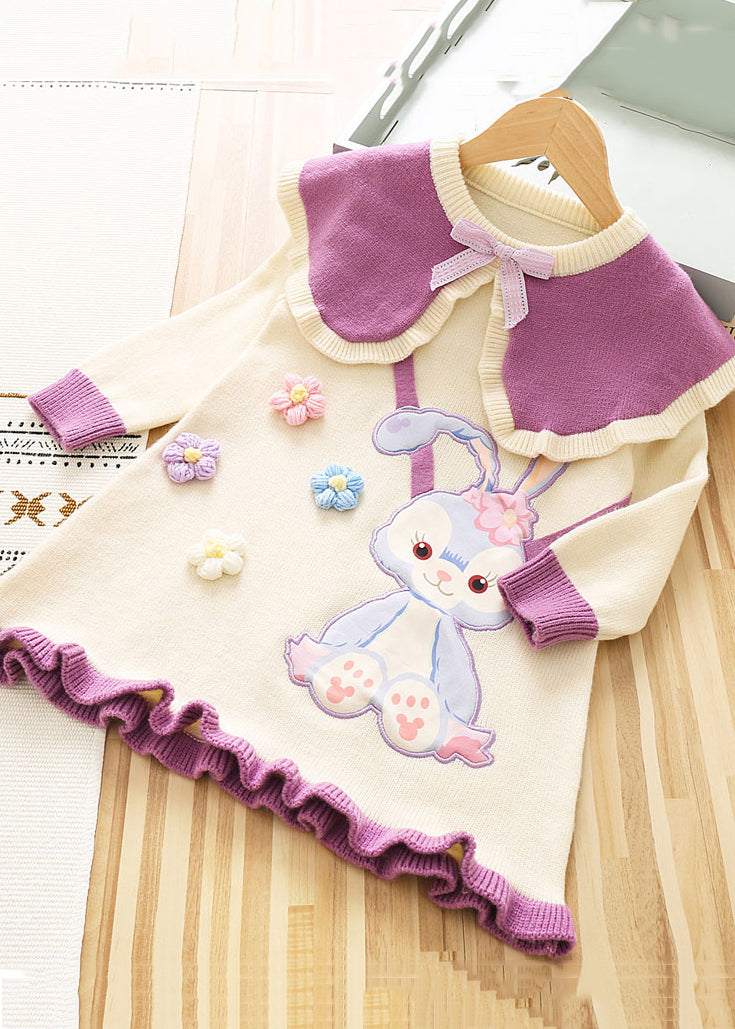 Stylish Purple O Neck Patchwork Knit Kids Sweater Dresses Fall